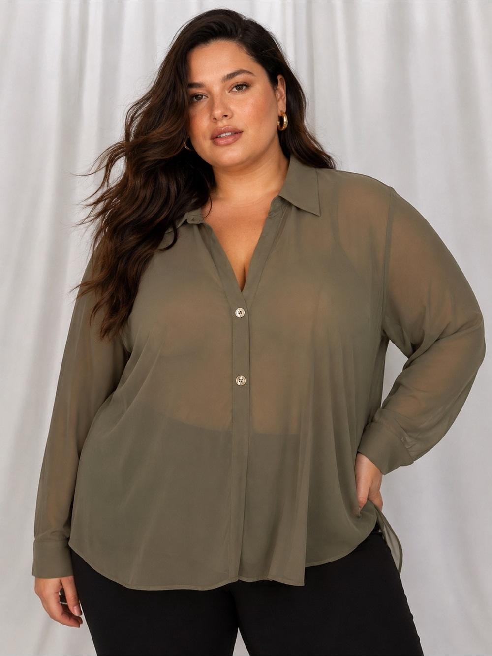 Ashley Stewart Olive Green Sheer Chiffon Button Front Tunic Blouse
 (1387)